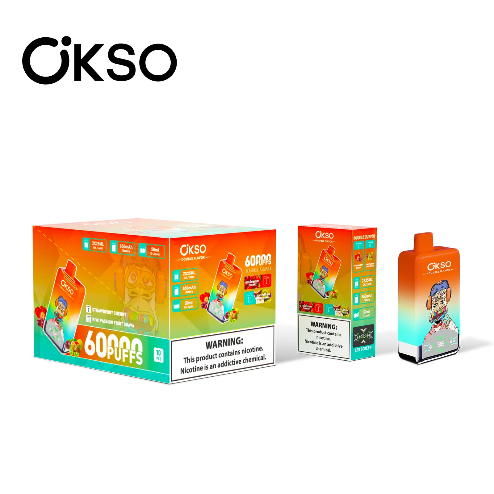 OKSO 2in1 60000 Einweg Vape mit Verpackung für Erdbeere-Kirsche und Kiwi-Passionsfrucht-Guave
