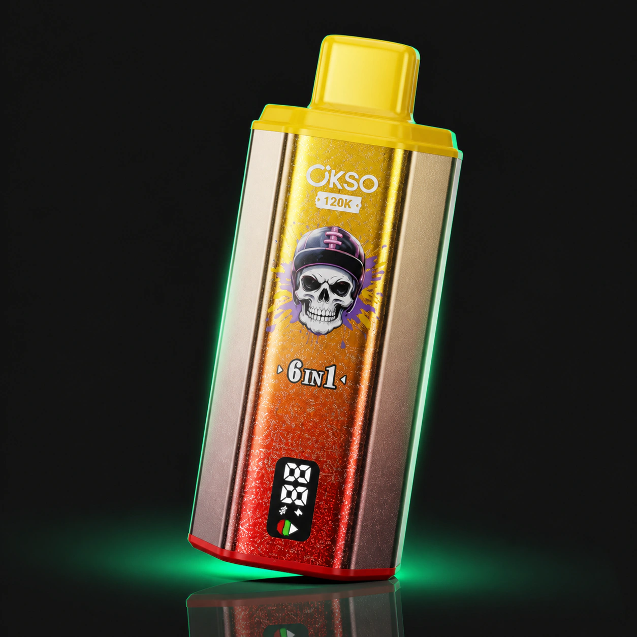 OKSO 6in1 120000 – Einweg Vape Produktansicht 4 auf dunklem Hintergrund