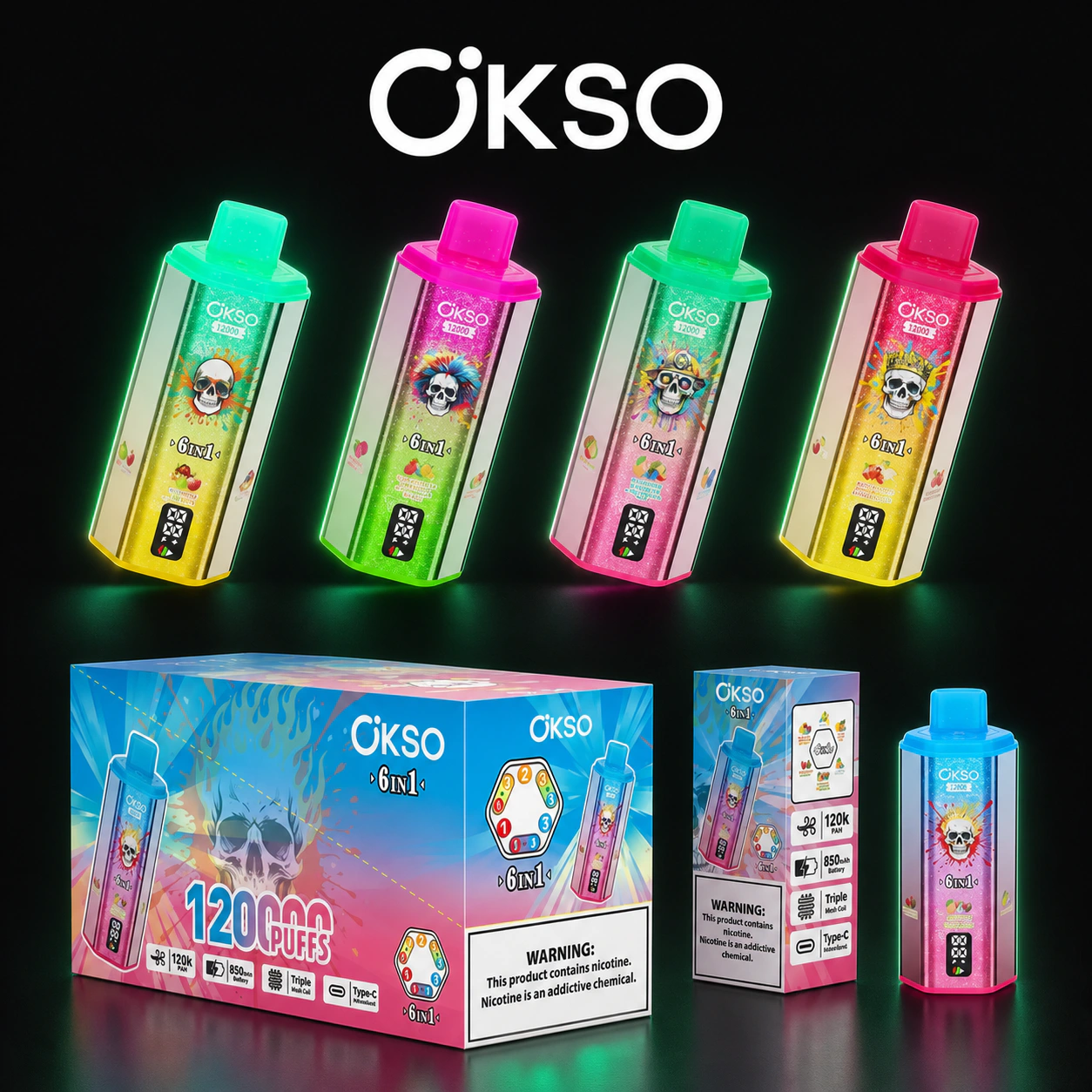 OKSO 6in1 120000 – Einweg Vape Produktansicht 7 auf dunklem Hintergrund