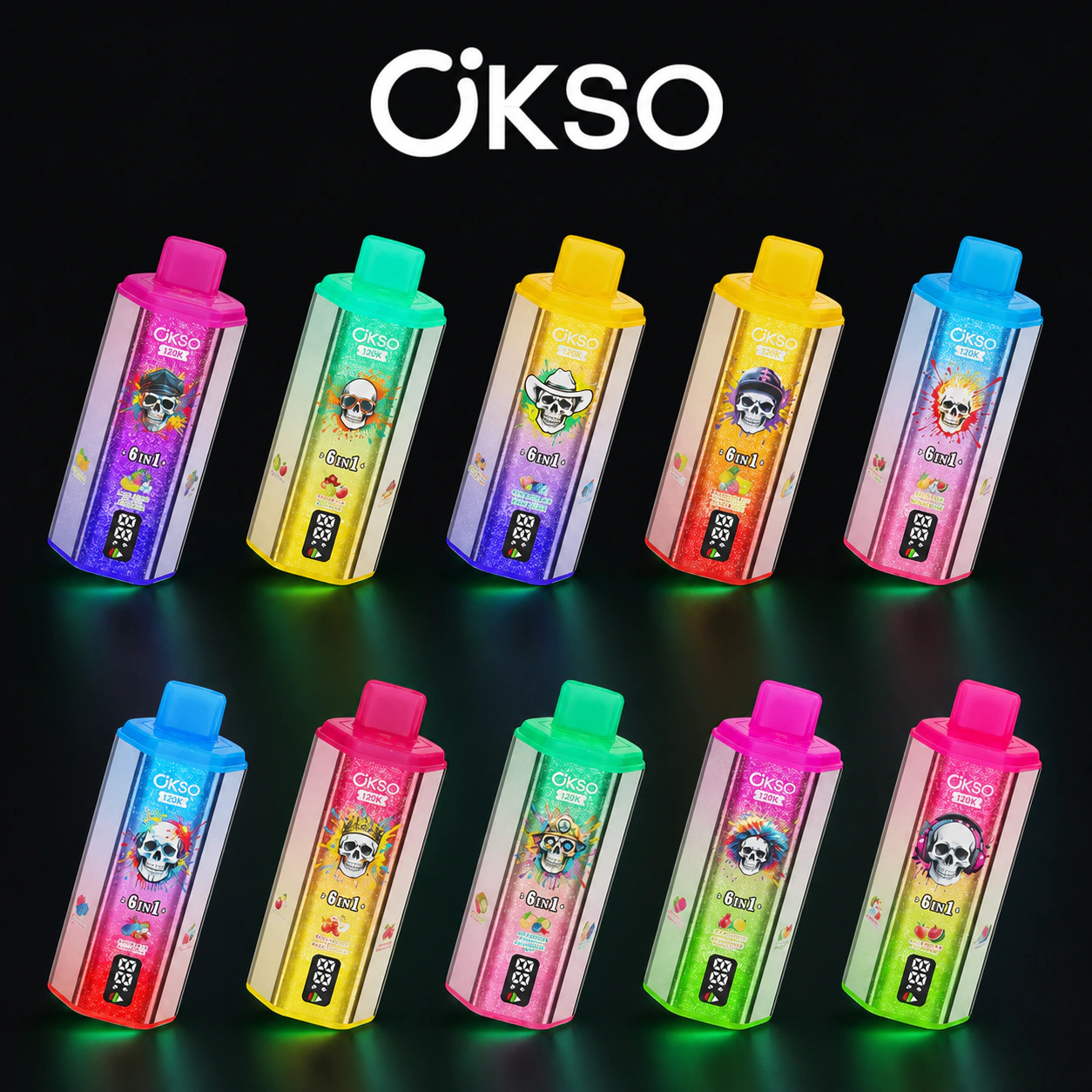OKSO 6in1 120000 – Einweg Vape Produktansicht 9 auf dunklem Hintergrund