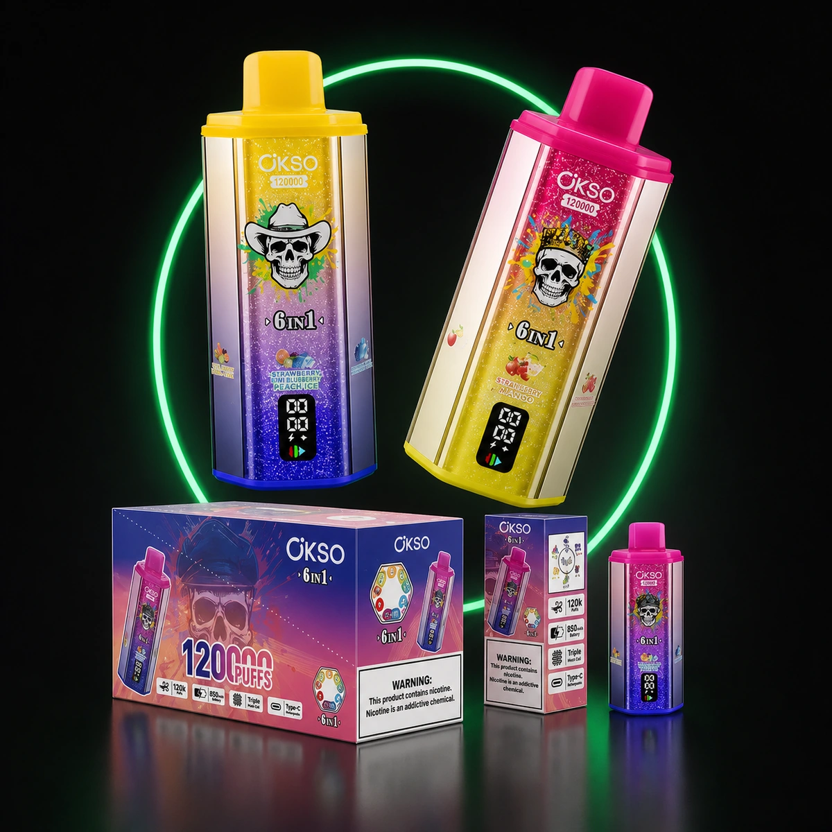 OKSO 6in1 120000 Einweg Vapes mit Verpackung auf dunklem Hintergrund