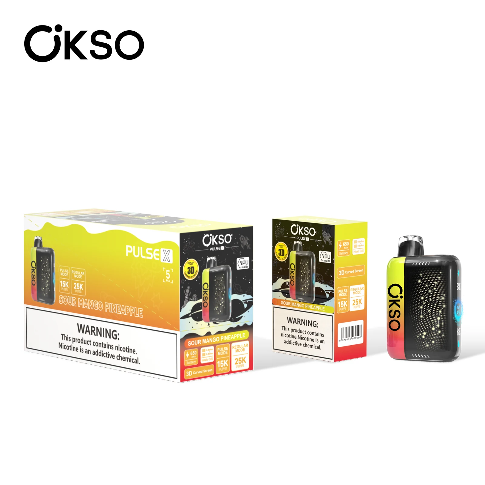 OKSO PULSE X Einweg Vape mit Verpackung in der Sorte Sour Mango Ananas
