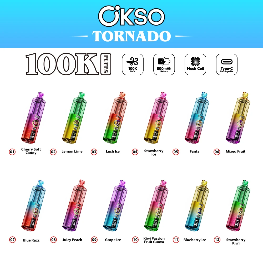OKSO Tornado 100000 Einweg Vape mit Übersicht der zwölf verfügbaren Geschmacksrichtungen