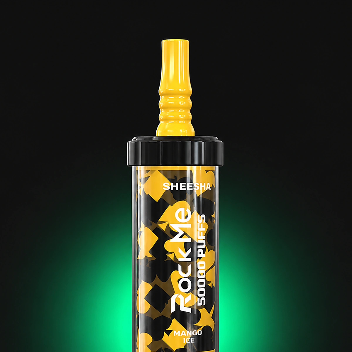 ROCKME Shisha 50000 – Einweg Vape Produktansicht 2 auf dunklem Hintergrund
