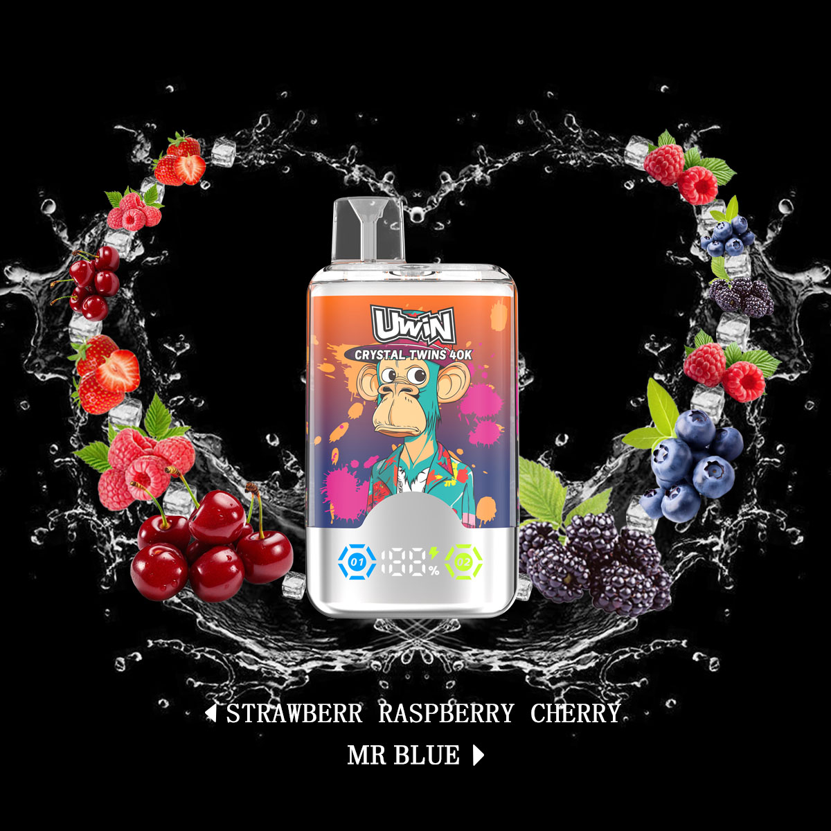 Uwin Twins Crystal 40000 2in1 Einweg Vape Erdbeere, Himbeere, Kirsche und Mr Blue