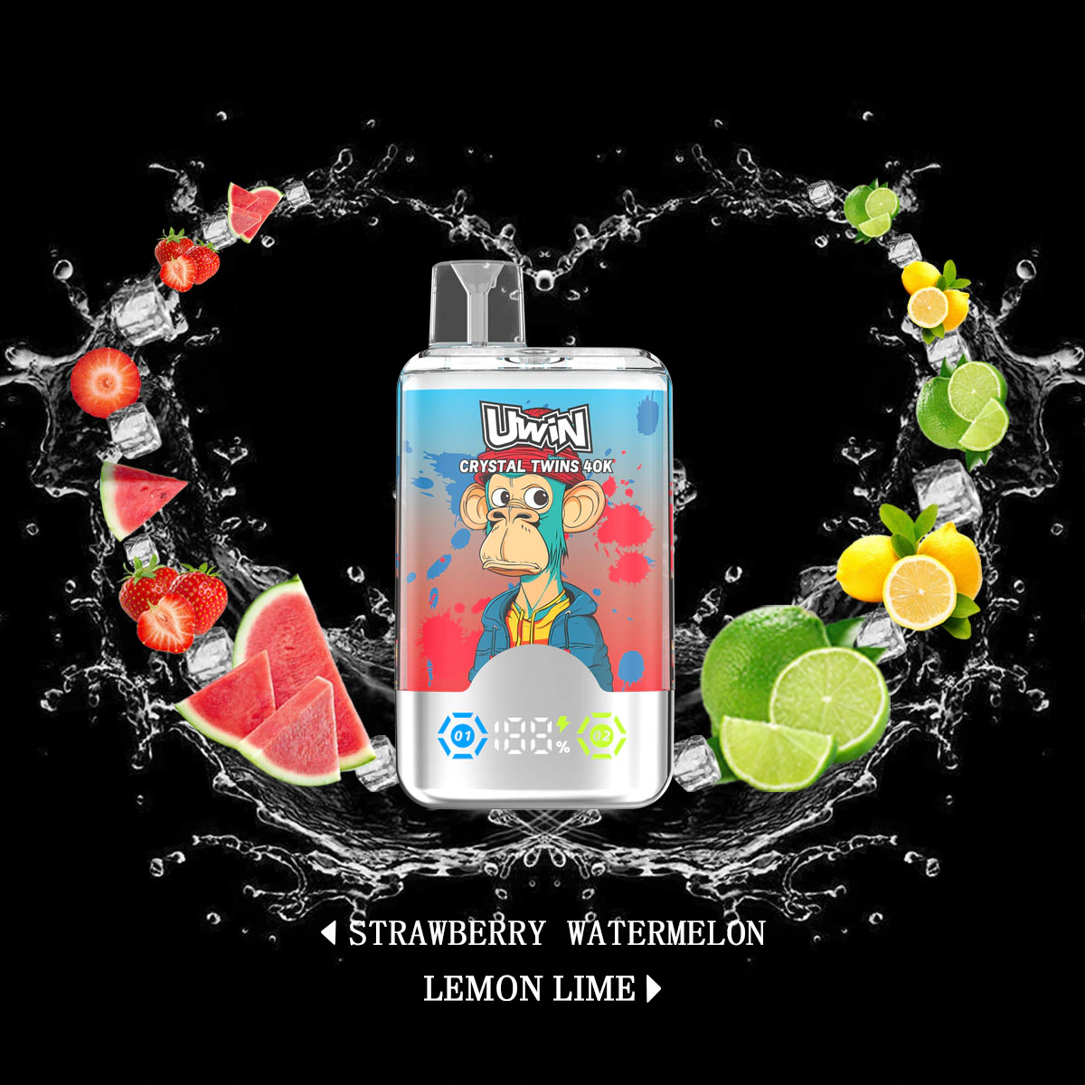 Uwin Twins Crystal 40000 2in1 – Einweg Vape Produktansicht 4 auf dunklem Hintergrund