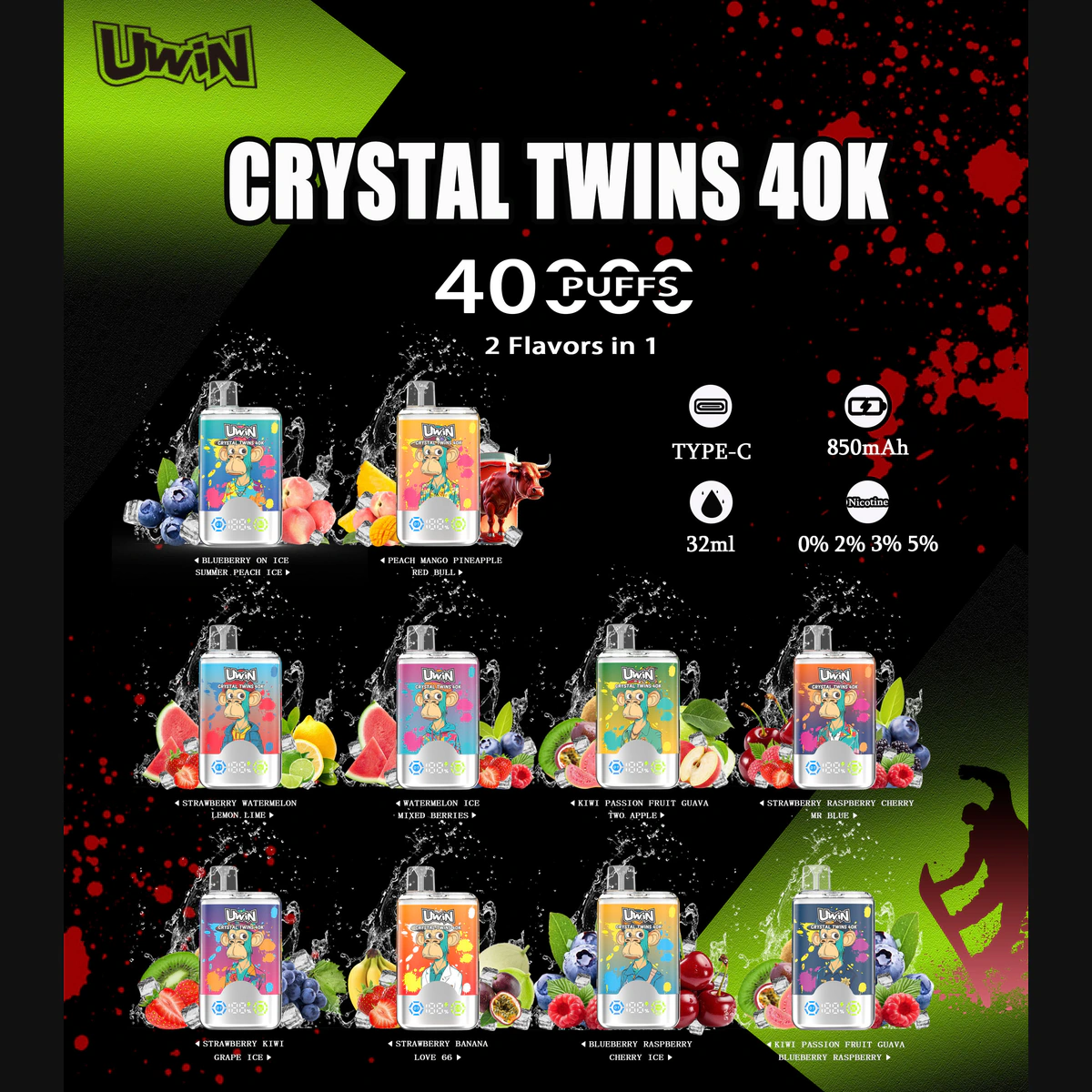 Uwin Twins Crystal 40000 2in1 – Einweg Vape Produktübersicht im quadratischen Format