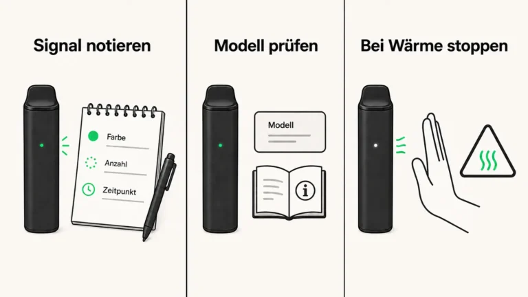 Drei sichere Schritte bei einer blinkenden Vape: Signal notieren, Modell prüfen und bei Wärme stoppen