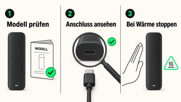 Drei sichere Schritte, wenn eine Vape nicht lädt: Modell prüfen, Anschluss ansehen und bei Wärme stoppen