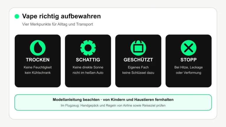 Vape richtig aufbewahren und transportieren: trocken und schattig lagern, vor Stößen schützen und bei Schäden stoppen