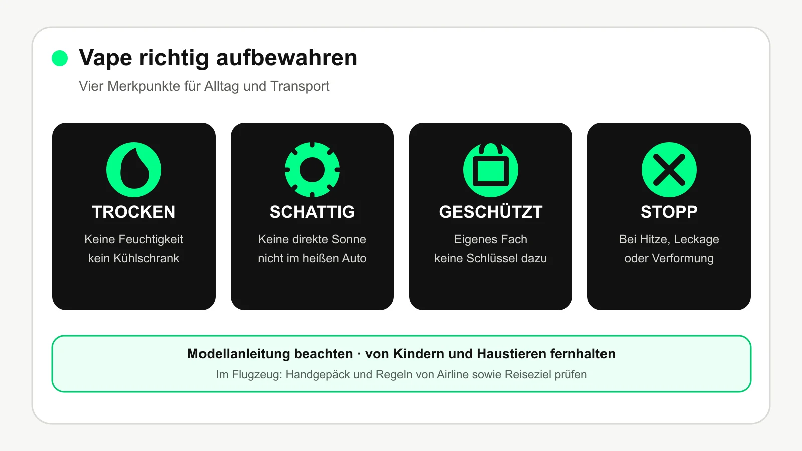 Vape richtig aufbewahren und transportieren: trocken und schattig lagern, vor Stößen schützen und bei Schäden stoppen