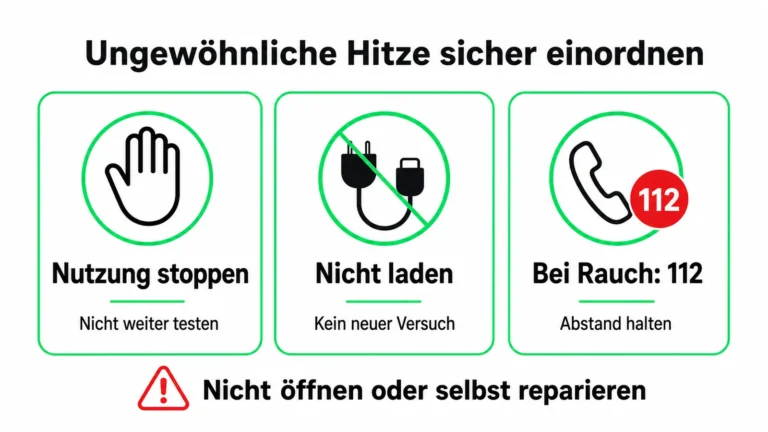 Drei sichere Schritte bei ungewöhnlich heißer Vape: Nutzung stoppen, nicht laden und bei Rauch Abstand halten und 112 rufen
