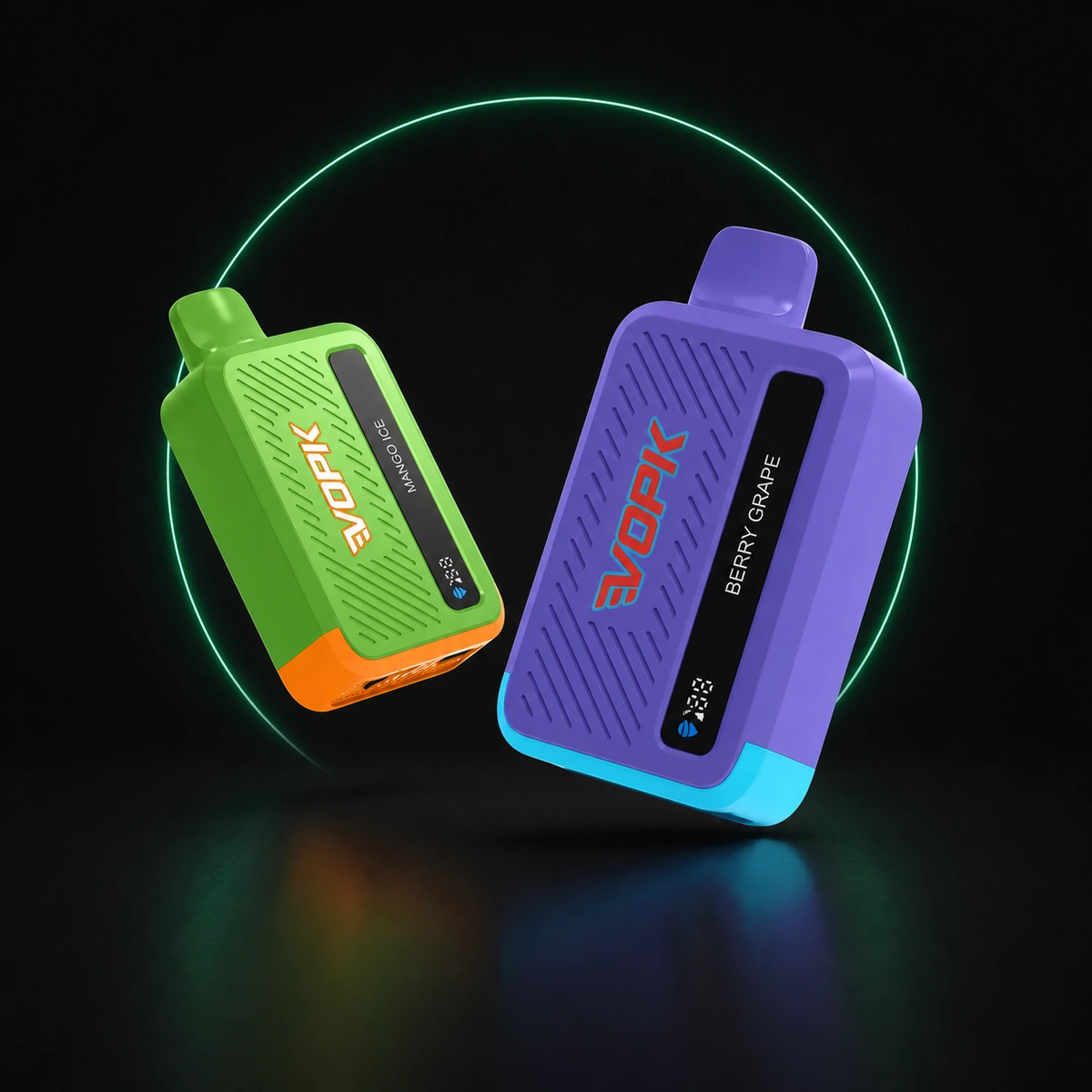 Zwei VOPK Cool Bar 20000 Vapes in Grün und Lila