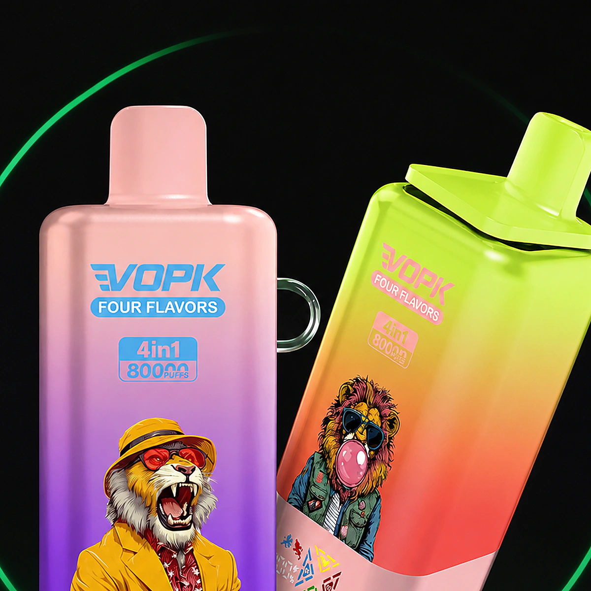 Vopk Four 80000 4in1 – Einweg Vape Produktansicht 2 auf dunklem Hintergrund