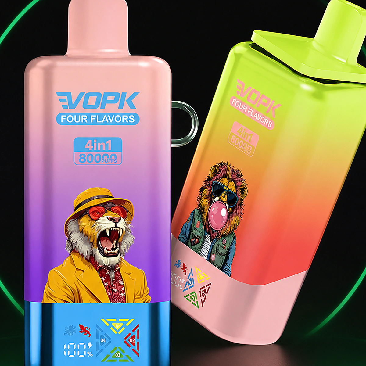 Vopk Four 80000 4in1 – Einweg Vape Produktansicht 3 auf dunklem Hintergrund