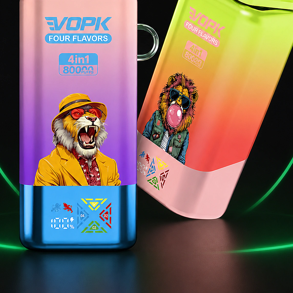 Vopk Four 80000 4in1 – Einweg Vape Produktansicht 4 auf dunklem Hintergrund