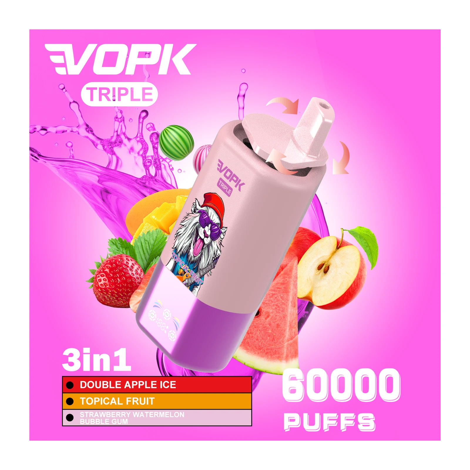 VOPK Triple 60000 3in1 Einweg Vape mit Doppelapfel-Eis, tropischen Früchten und Erdbeer-Wassermelonen-Kaugummi