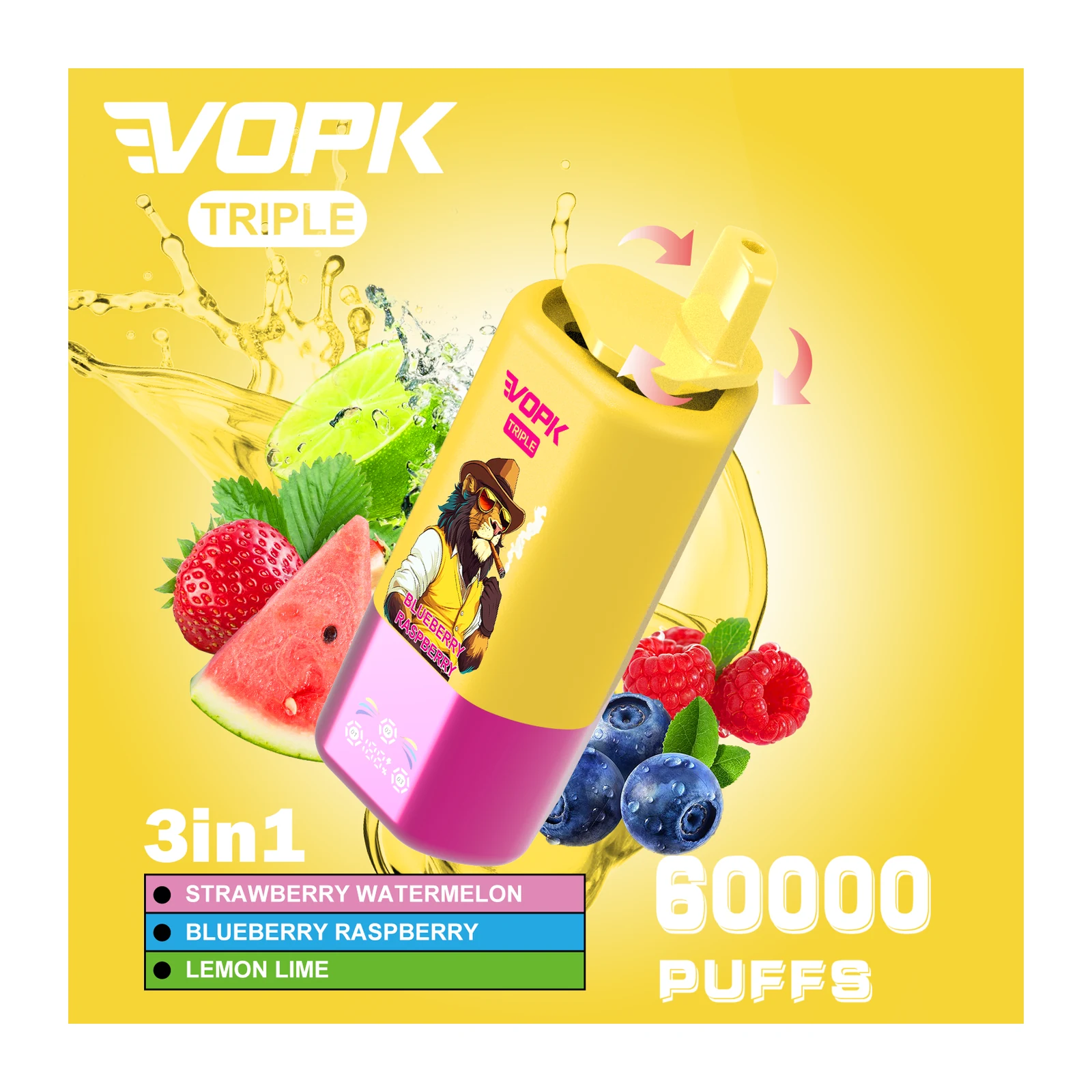 VOPK Triple 60000 3in1 Einweg Vape mit Erdbeer-Wassermelone, Blaubeer-Himbeere und Zitrone-Limette