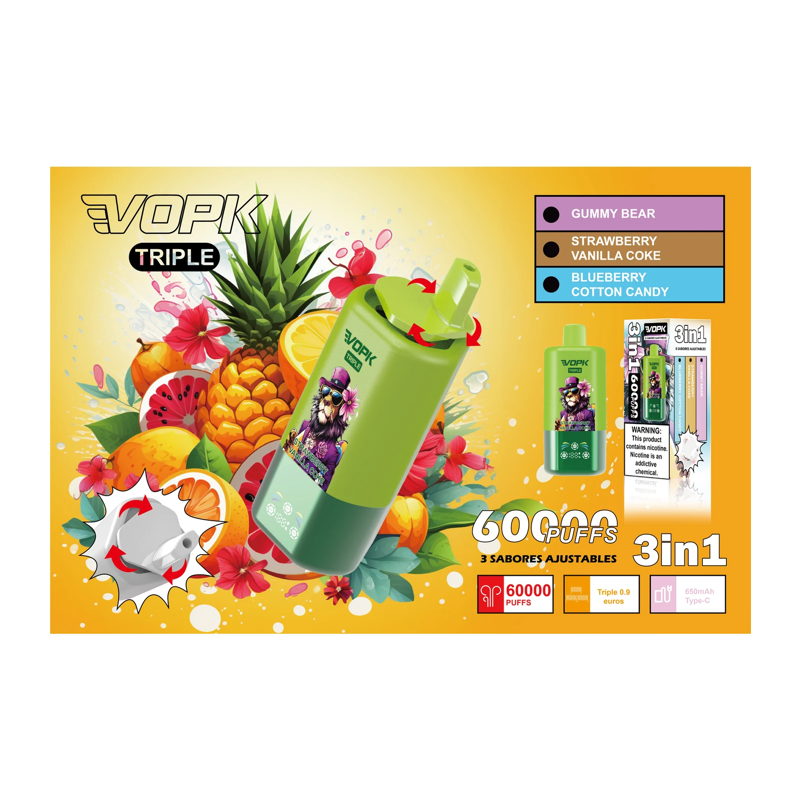 VOPK Triple 60000 3in1 Einweg Vape mit Gummibärchen, Erdbeer-Vanille-Cola und Blaubeer-Zuckerwatte