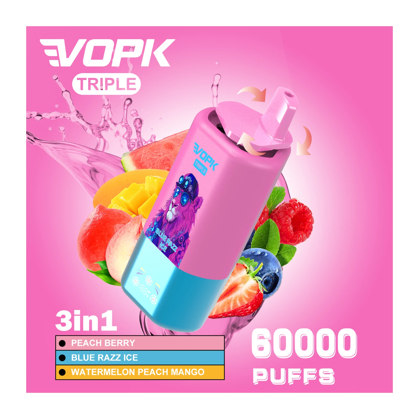 VOPK Triple 60000 3in1 Einweg Vape mit Pfirsich-Beere, Blue Razz-Eis und Wassermelone-Pfirsich-Mango