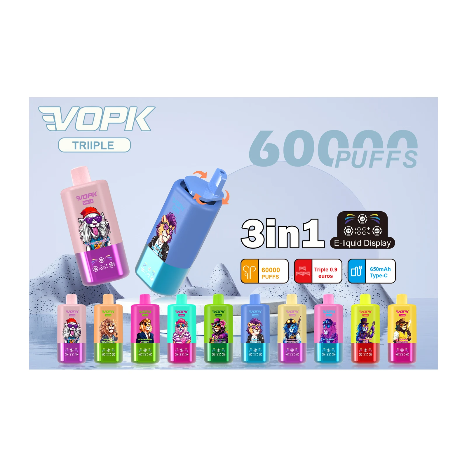 VOPK Triple 60000 3in1 Einweg Vape mit drehbarem Mundstück, Display und Funktionsübersicht