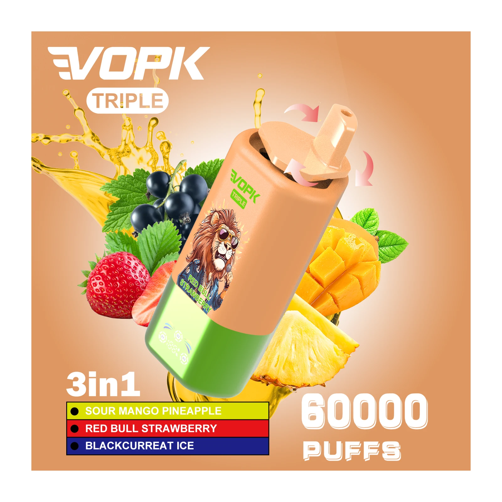 VOPK Triple 60000 3in1 Einweg Vape mit saurer Mango-Ananas, Energy-Erdbeere und Schwarze Johannisbeere-Eis