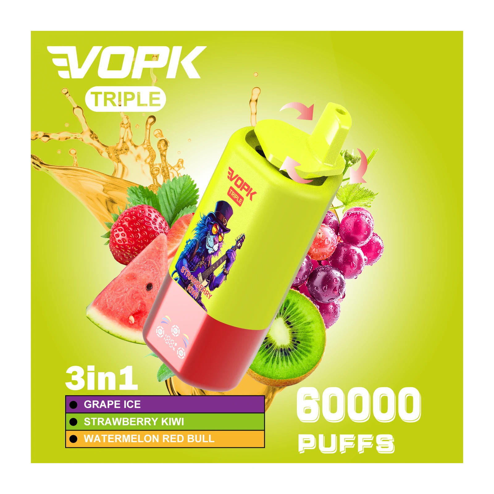 VOPK Triple 60000 3in1 Einweg Vape mit Traube-Eis, Erdbeer-Kiwi und Wassermelone-Energy