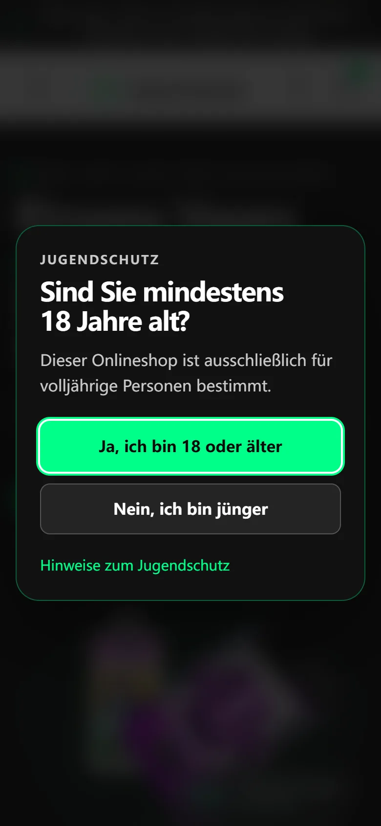 Mobile Altersabfrage von vapes-shop.de mit den beiden Altersoptionen
