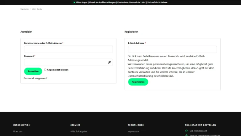 Öffentliche Kundenkonto-Anmeldung zum Prüfen zugeordneter Bestellungen