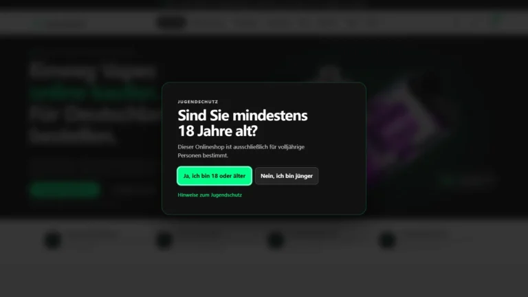Altersabfrage von vapes-shop.de vor dem Öffnen des Shops