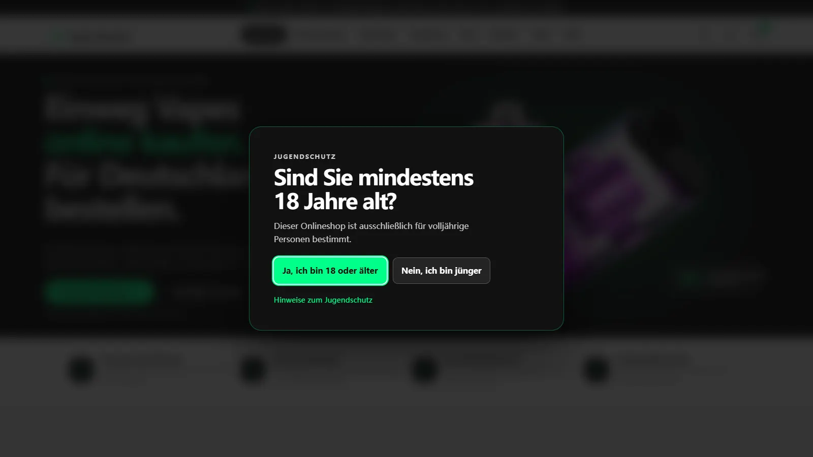 Altersabfrage von vapes-shop.de vor dem Öffnen des Shops