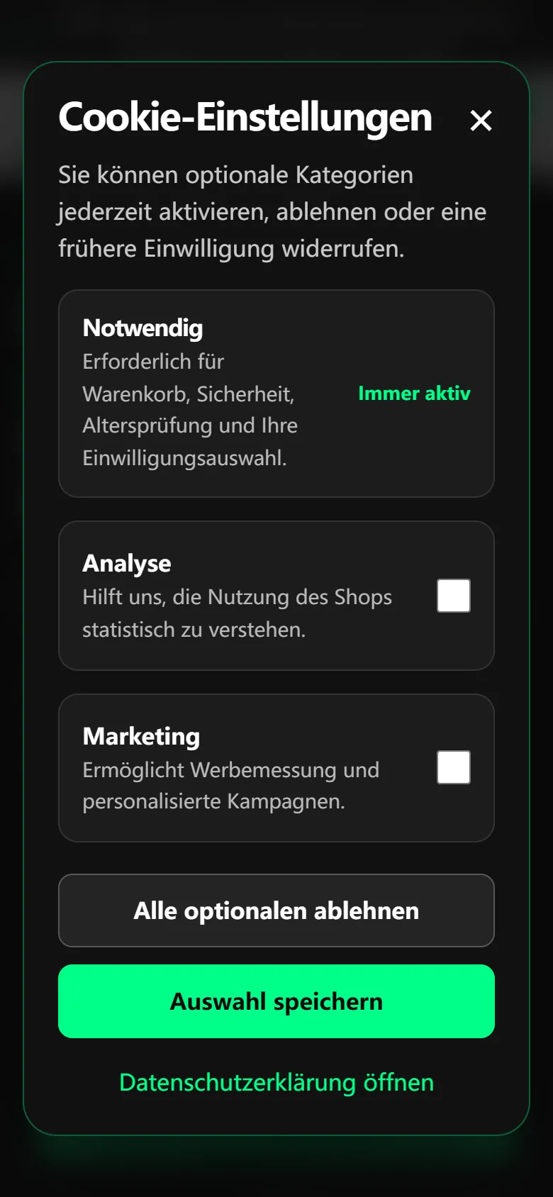 Mobile Cookie-Einstellungen mit notwendiger und optionalen Kategorien