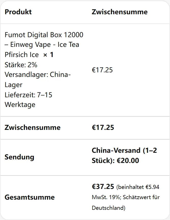 Mobile Bestellübersicht mit Produkt, Versand und Gesamtsumme