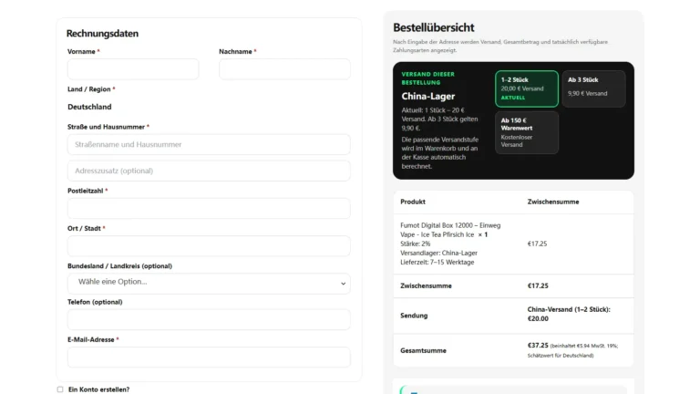 Checkout mit Rechnungsdaten und Bestellübersicht auf vapes-shop.de