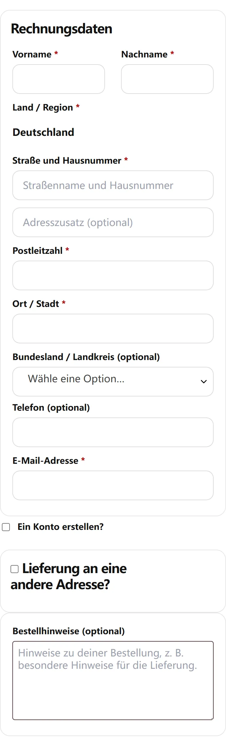 Mobile Rechnungsdaten mit markierten Pflichtfeldern an der Kasse
