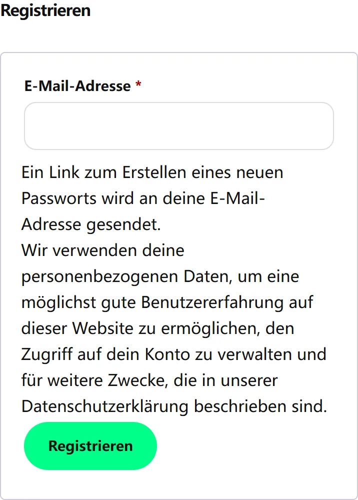 Mobiles Registrierungsformular von vapes-shop.de mit Feld für die E-Mail-Adresse