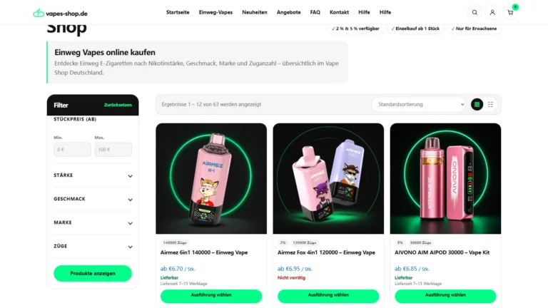 Shop-Produktkarten mit sichtbarer Angabe zur aktuellen Verfügbarkeit
