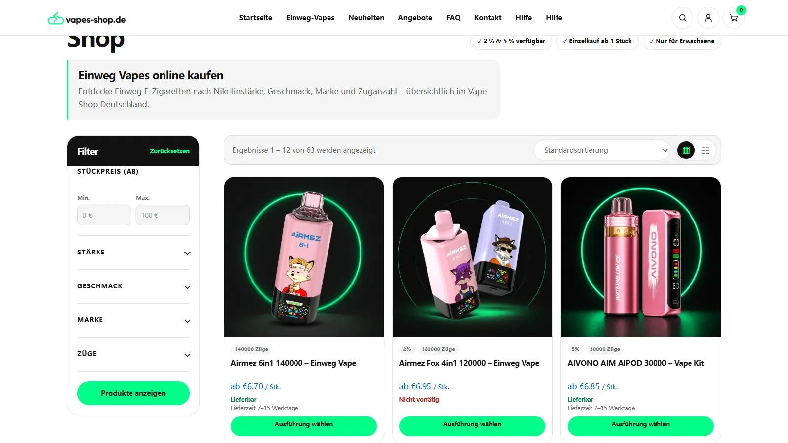 Shop-Produktkarten mit sichtbarer Angabe zur aktuellen Verfügbarkeit