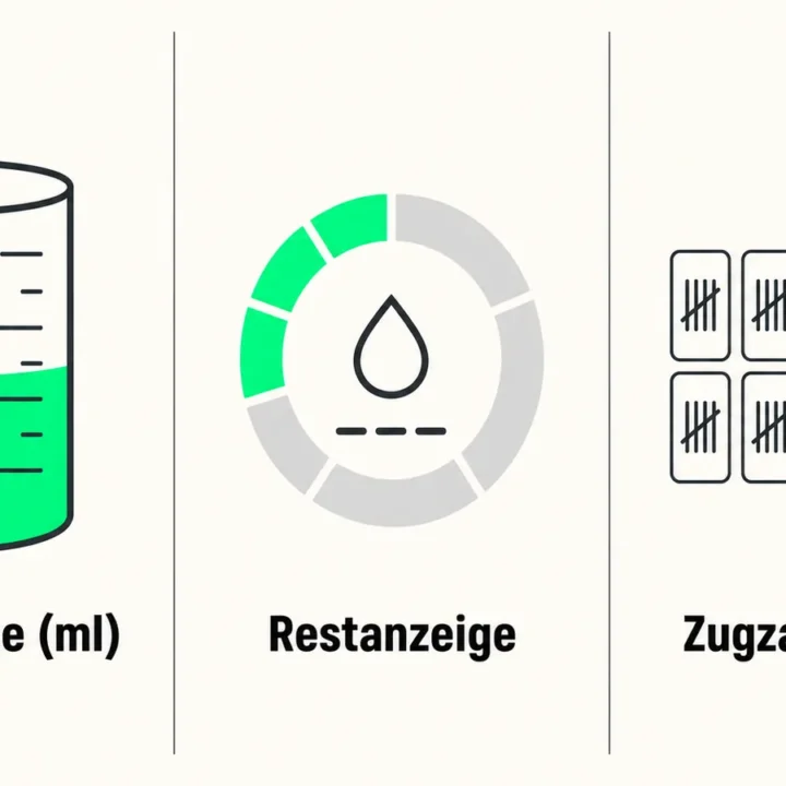 Liquidmenge in ml, Restanzeige und Zugzahl getrennt dargestellt