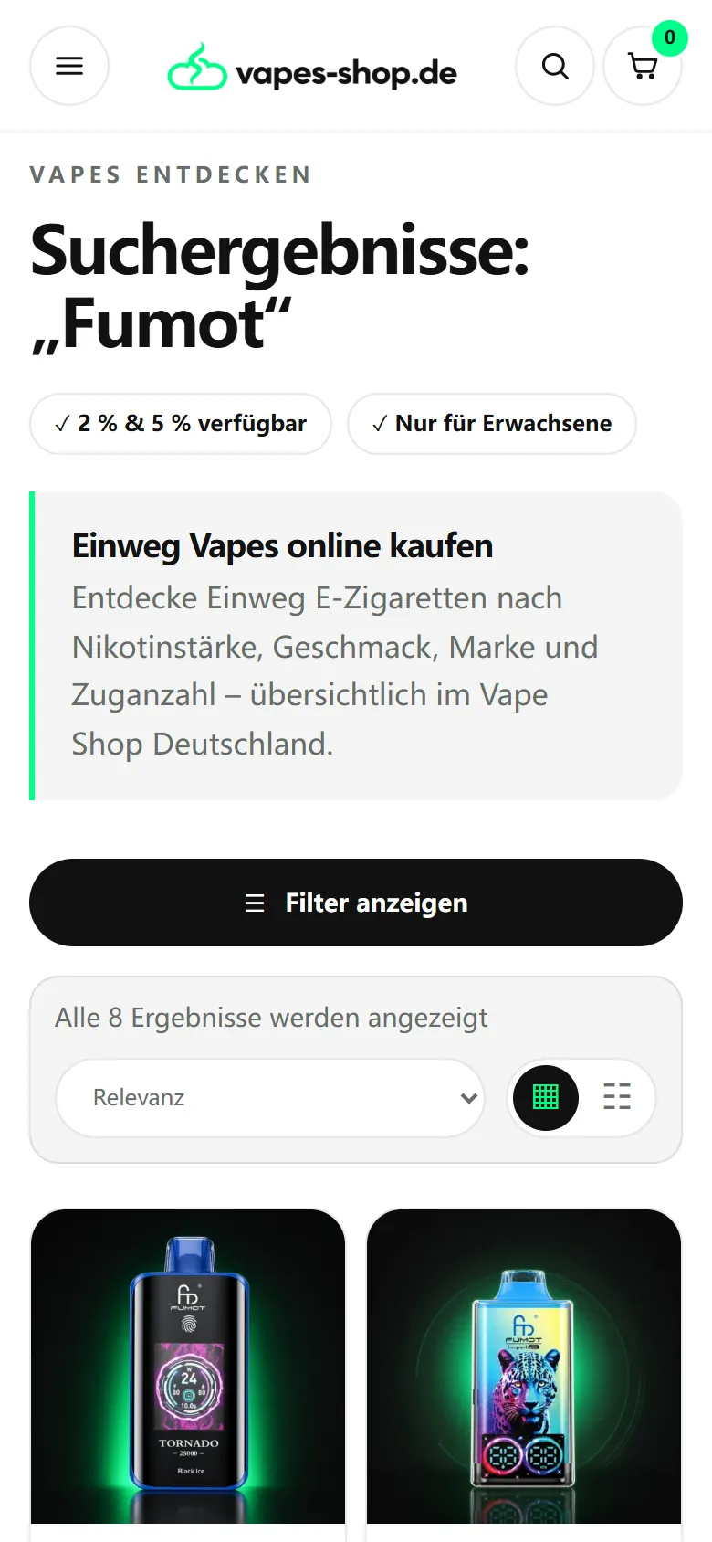 Mobile Suchergebnisse für den Markenbegriff Fumot mit acht Produkten