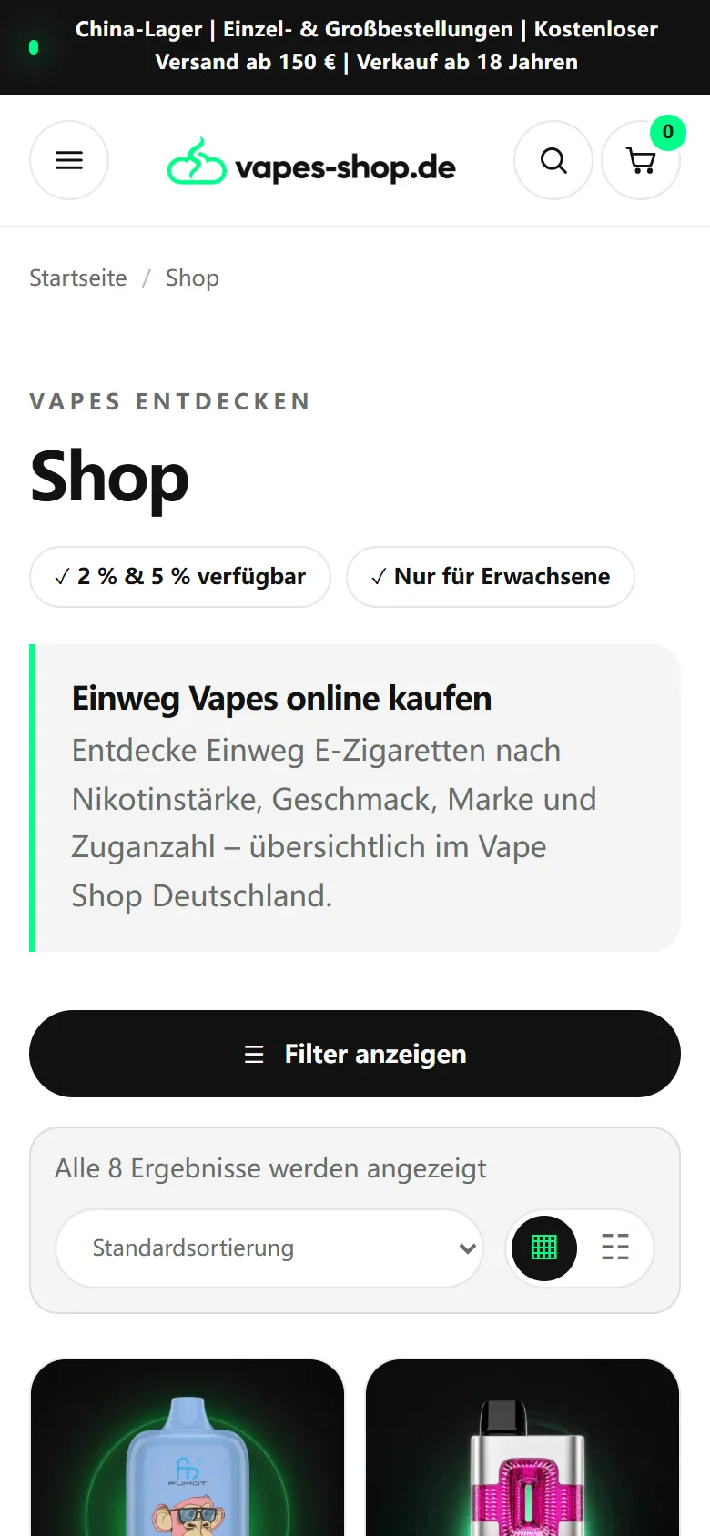 Mobile gefilterte Shop-Ergebnisse mit acht Fumot Produkten