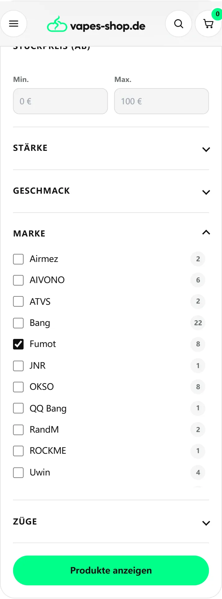 Mobiler Shop-Filter mit geöffneter Markenauswahl und aktivem Fumot Häkchen