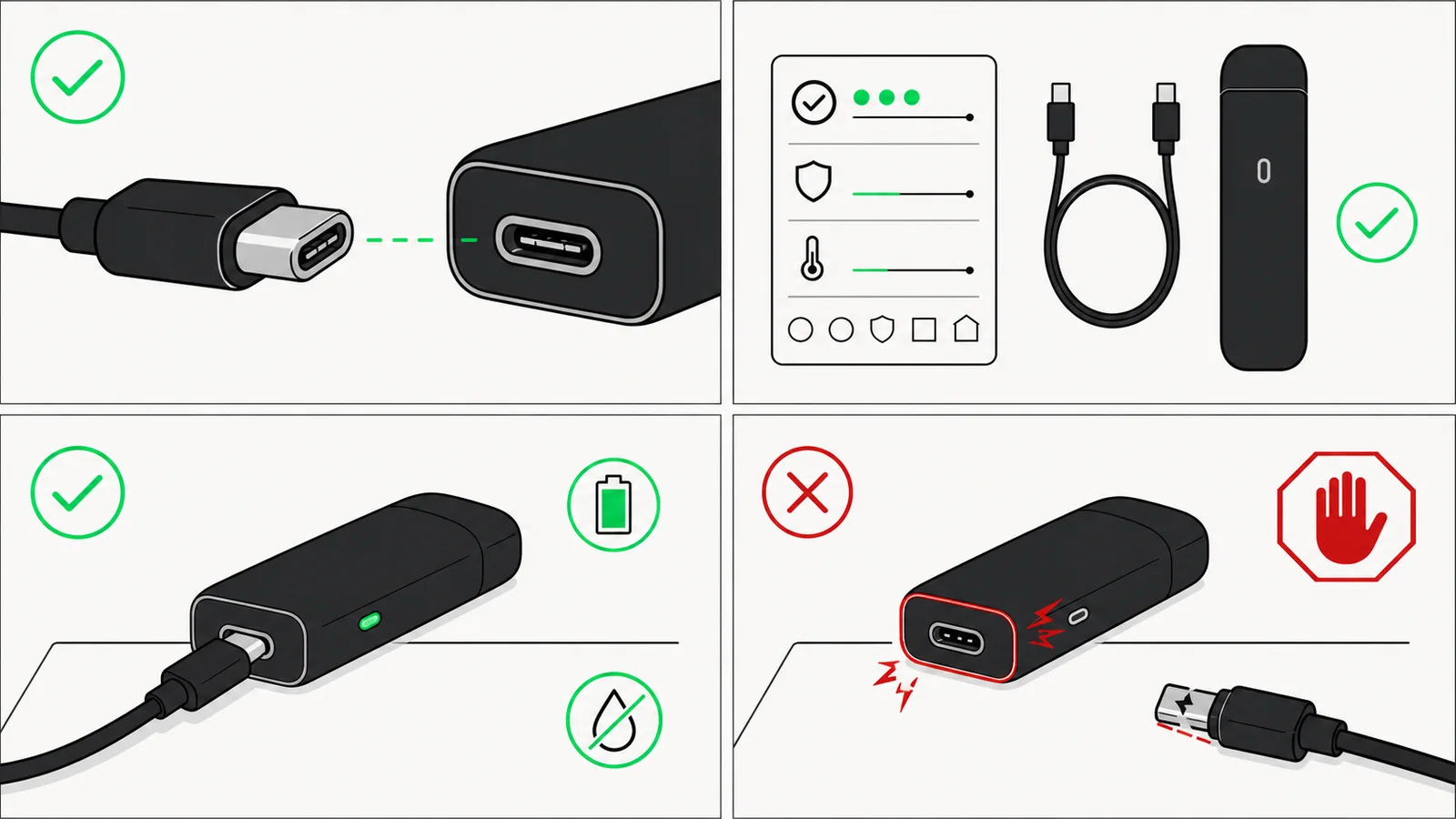 Vier Schritte zum sicheren Prüfen von USB-C-Anschluss, Kabel, Ladezustand und Warnzeichen
