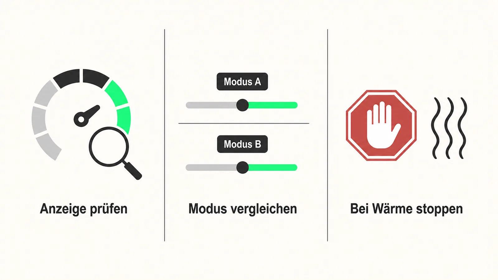 Drei Schritte bei schnell leerem Vape-Akku: Anzeige prüfen, Modus vergleichen und bei Wärme stoppen