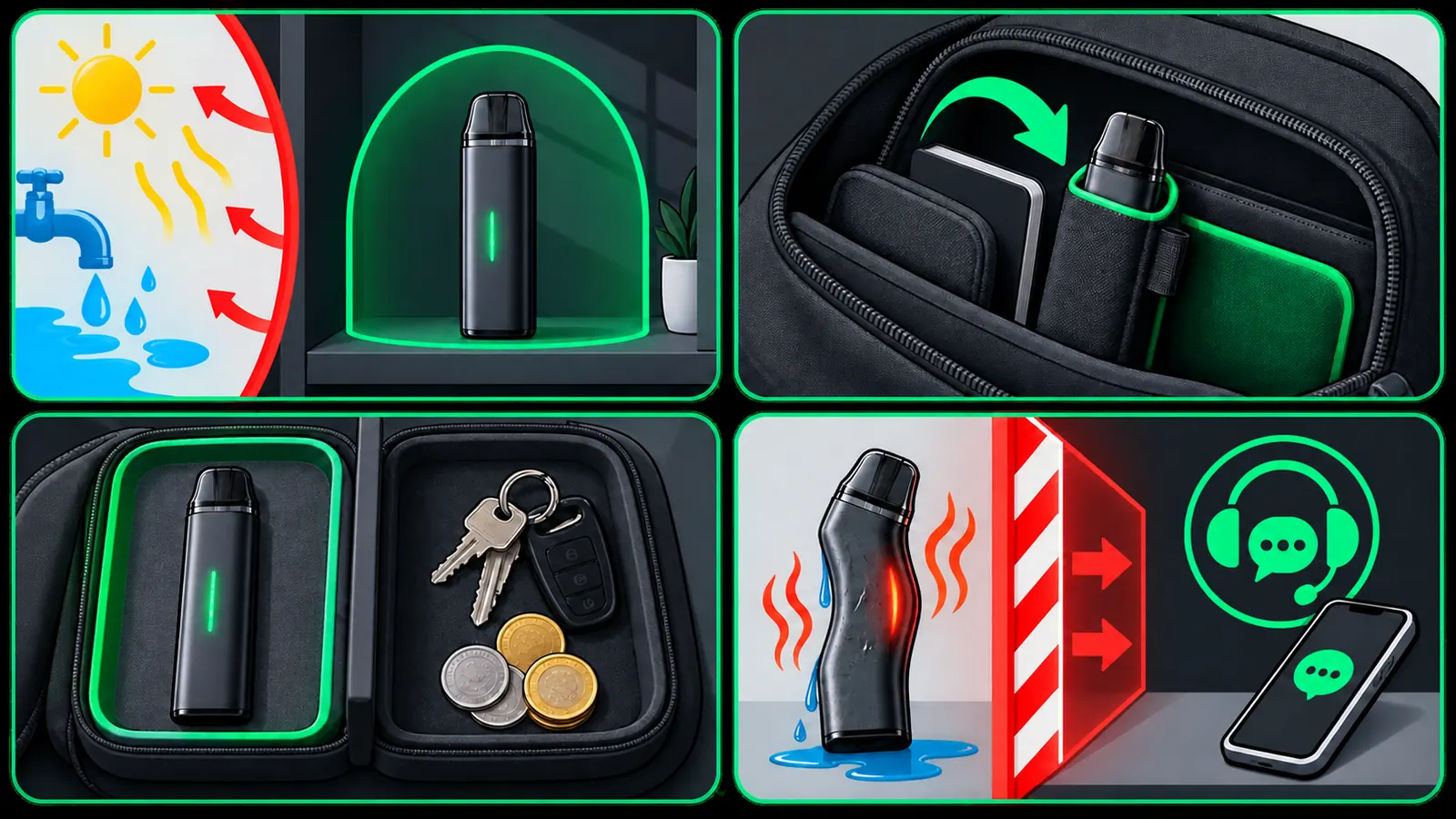 Vier Hinweise zur sicheren Aufbewahrung und zum Transport einer Vape: trocken, geschützt, getrennt von Metall und bei Schäden nicht weiterverwenden