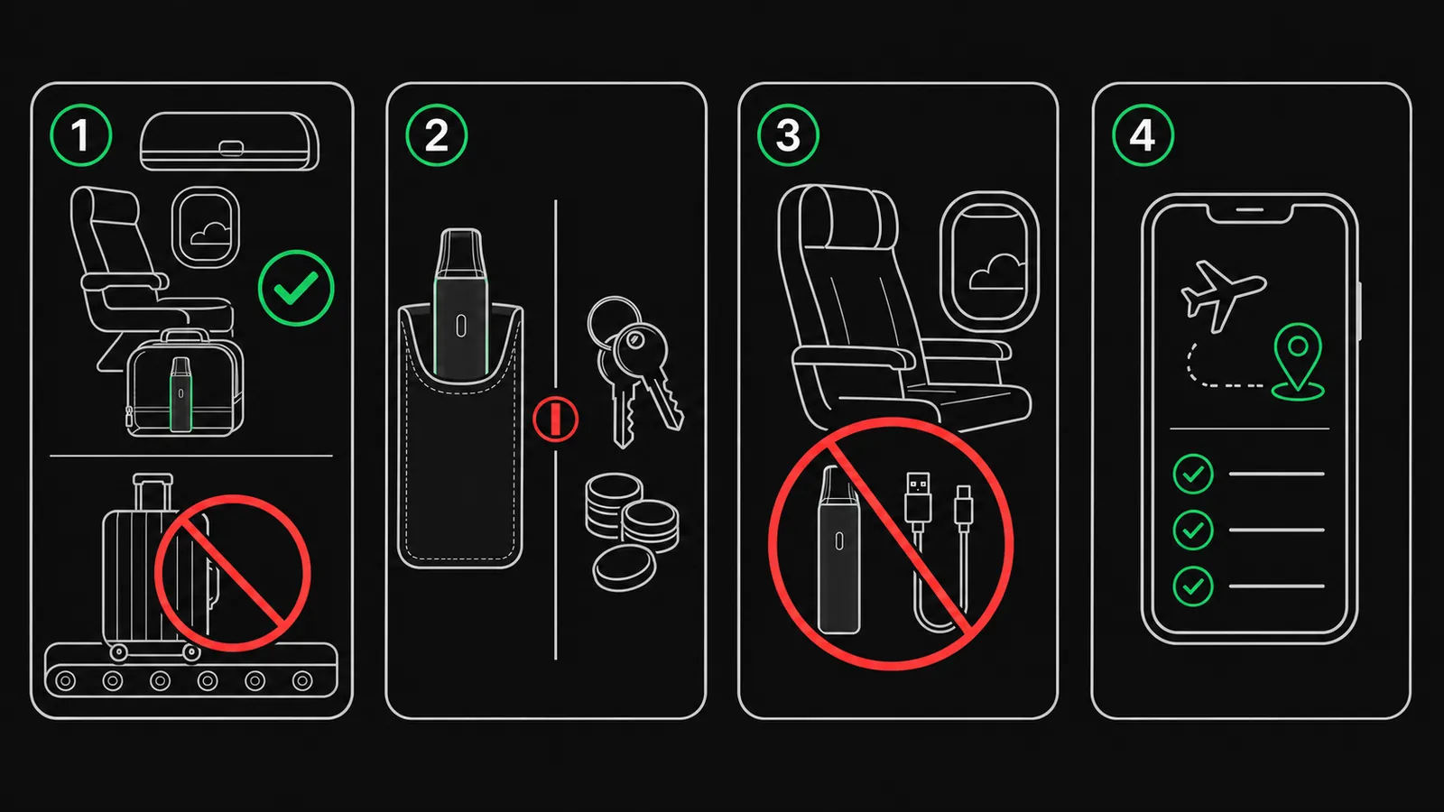 Vier Schritte für Flugreisen mit einer Vape: Handgepäck, geschützte Aufbewahrung, nicht an Bord laden und Regeln prüfen
