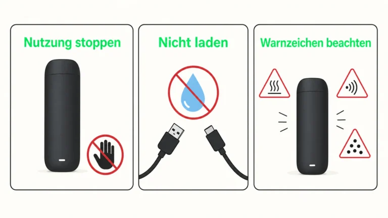 Drei sichere Schritte bei einer nass gewordenen Vape: Nutzung stoppen, nicht laden und Warnzeichen beachten