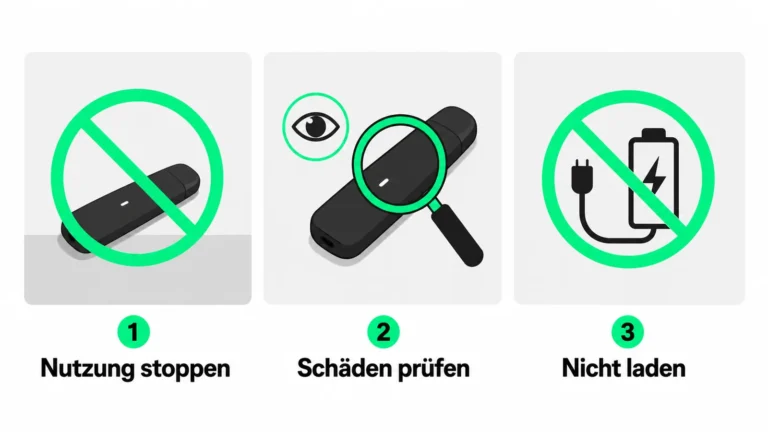 Drei sichere Schritte nach einem Vape-Sturz: Nutzung stoppen, äußere Schäden prüfen und nicht laden