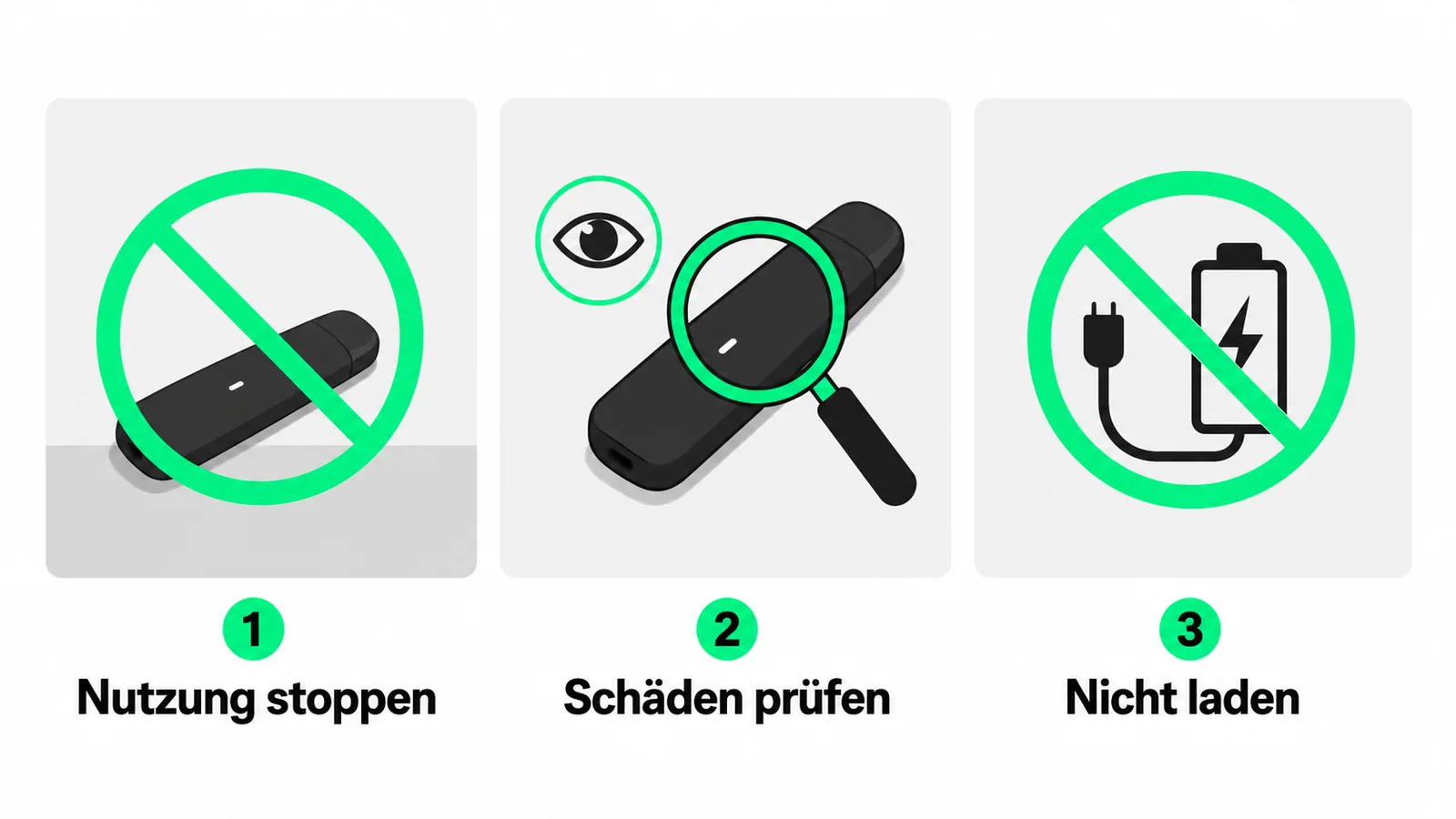 Drei sichere Schritte nach einem Vape-Sturz: Nutzung stoppen, äußere Schäden prüfen und nicht laden