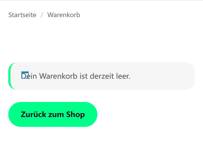 Leerer mobiler Warenkorb mit Hinweis und Rückweg zum Shop